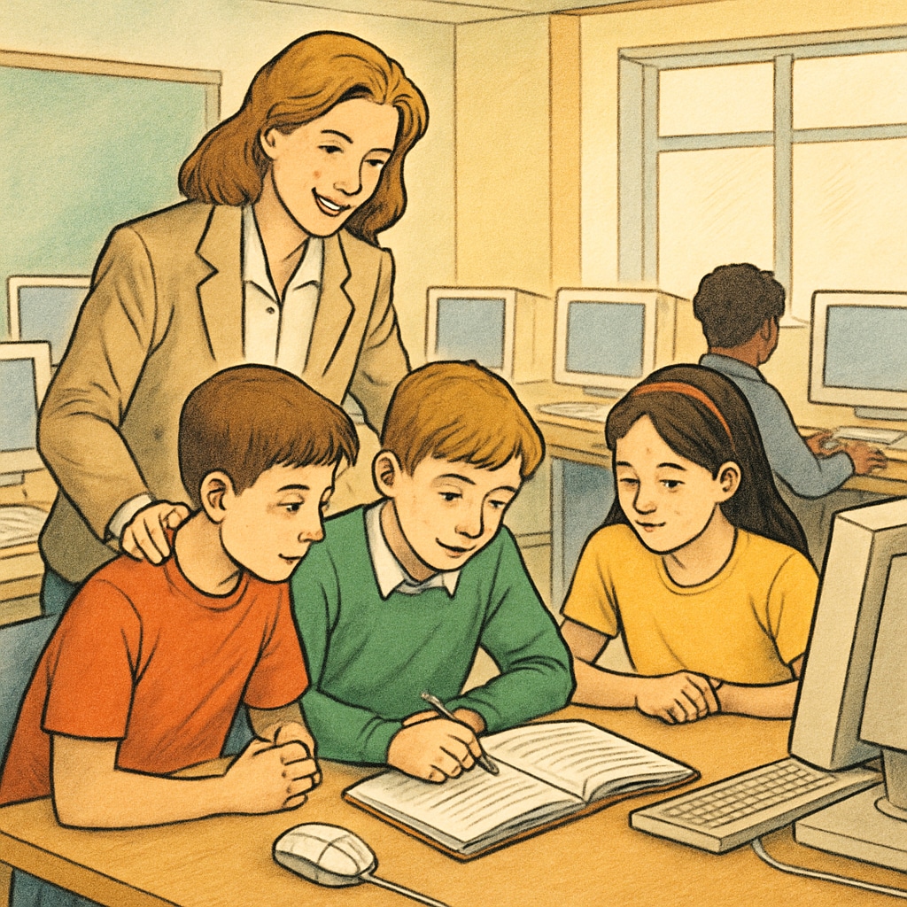 A teacher assisting students in a computer lab, emphasizing collaborative learning. A teacher guiding students in a computer lab, demonstrating the importance of accessible online resources.