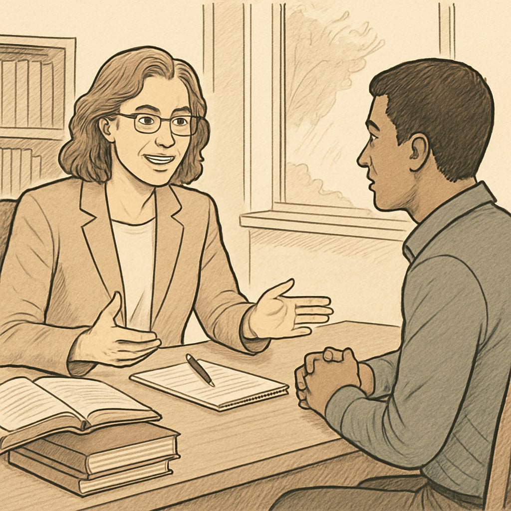 A college advisor speaking to a student in a counseling session about academic goals. College advisor discussing academic success traits and goals with a student.