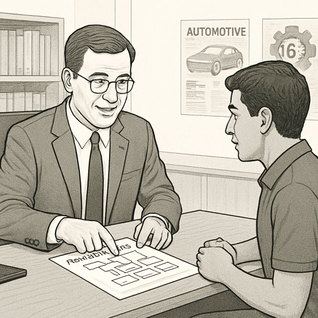 A college counselor explaining credit transfer options to a student interested in automotive technology, emphasizing academic progression. A counselor discussing credit transfers for an automotive technology degree.