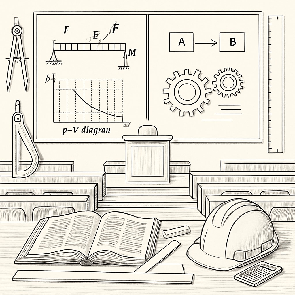 A lecture hall with technical diagrams and educational tools displayed together, symbolizing the integration of education and engineering. A visual representation of the integration of education and engineering.