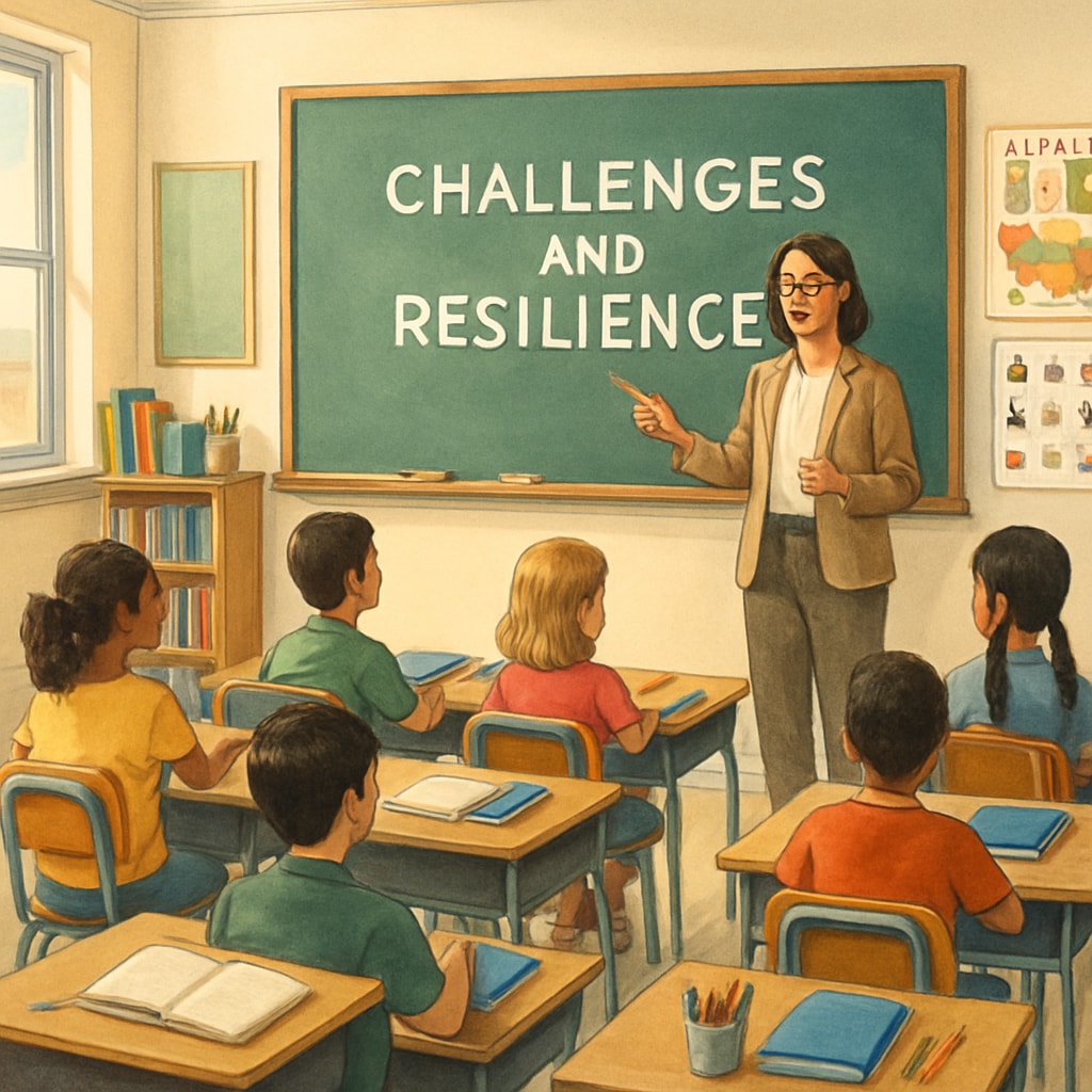A public school classroom with a teacher instructing students, symbolizing the challenges and resilience of public education in the face of voucher programs. Public school classroom addressing voucher program challenges.