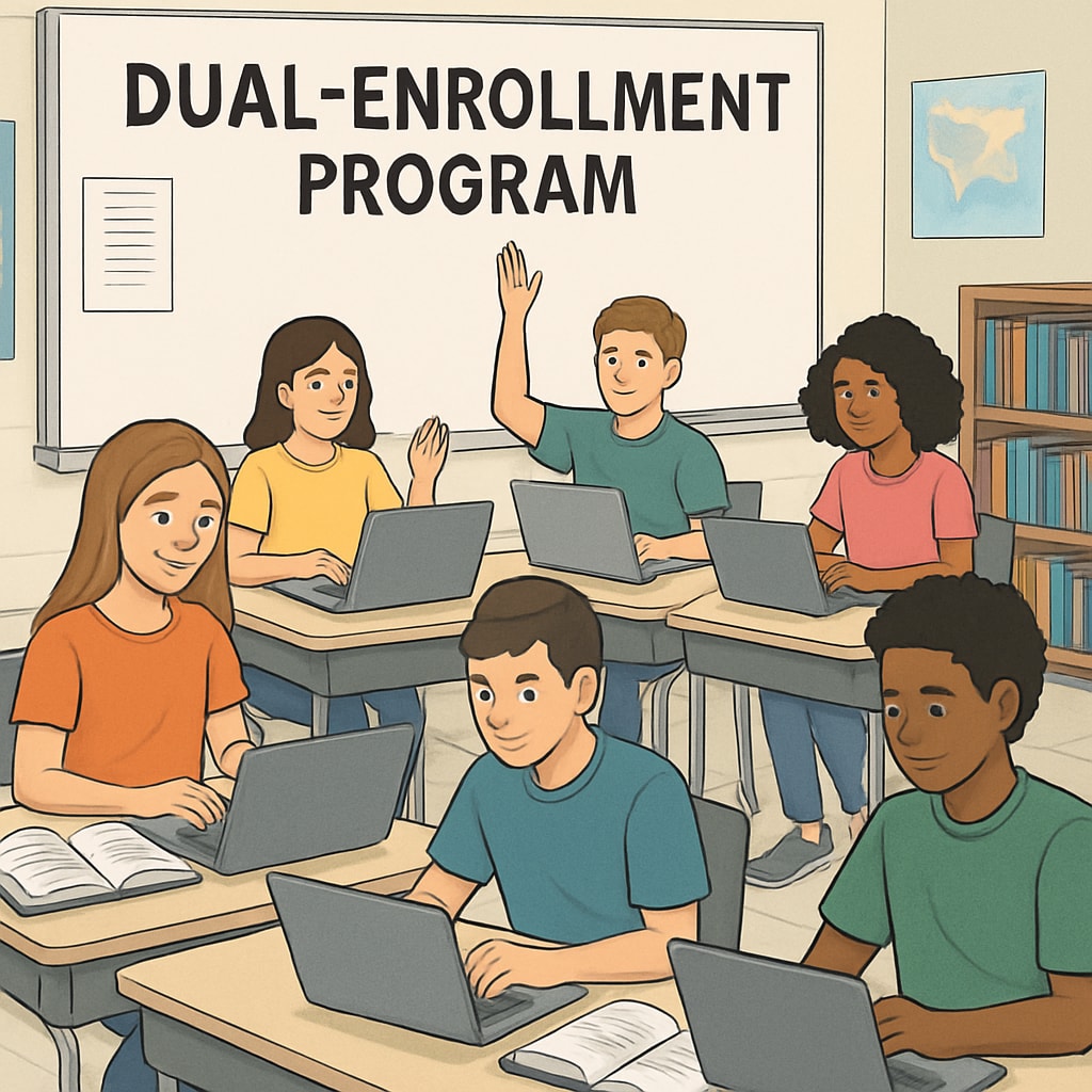 A high school classroom where students are participating in a dual-enrollment program with laptops and textbooks. High school students engaged in a dual-enrollment program to ease the transition to higher education.
