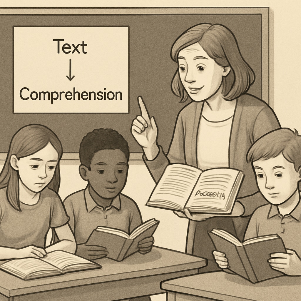 A teacher engaging students in a classroom reading activity, emphasizing text comprehension and complexity. Classroom scene illustrating reading comprehension and text complexity assessment.