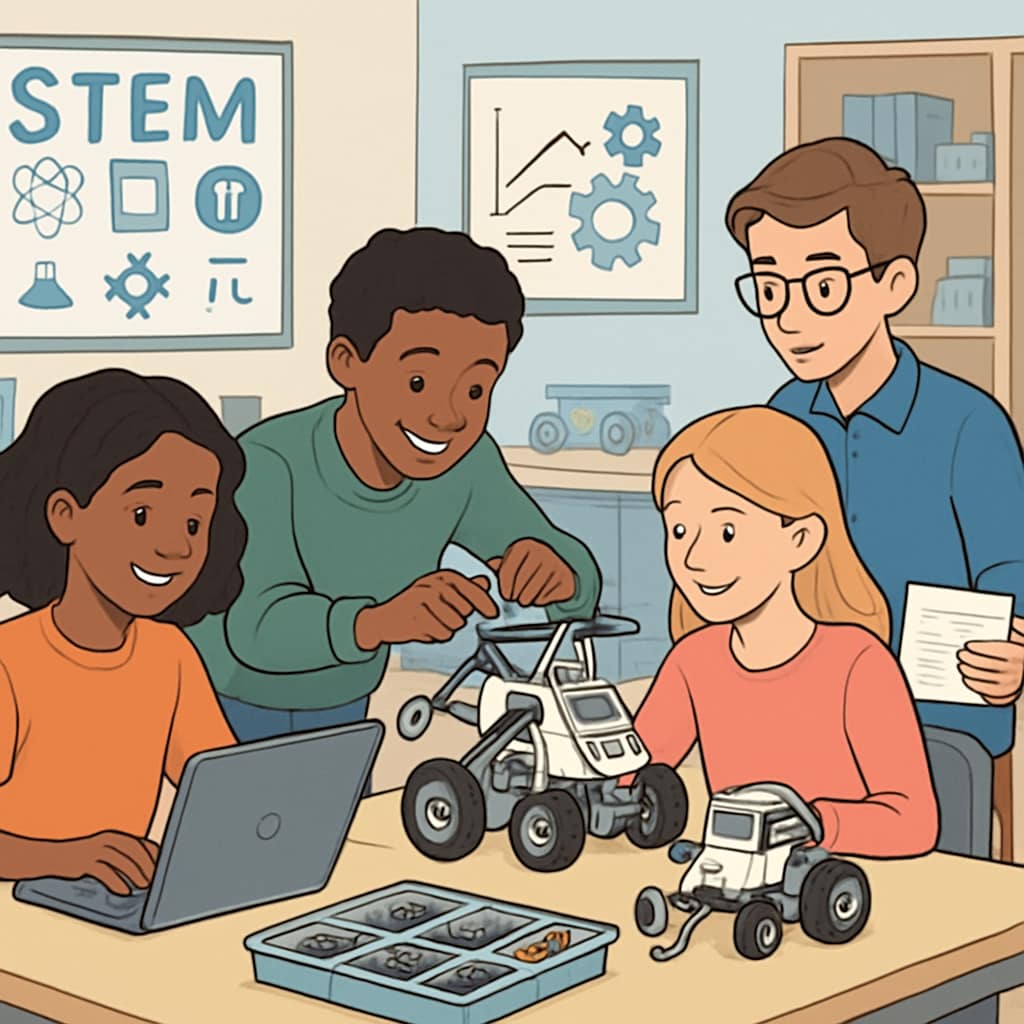A group of students participating in a STEM robotics program, showcasing innovative educational approaches in public schools. Students engaged in STEM programs in public schools.