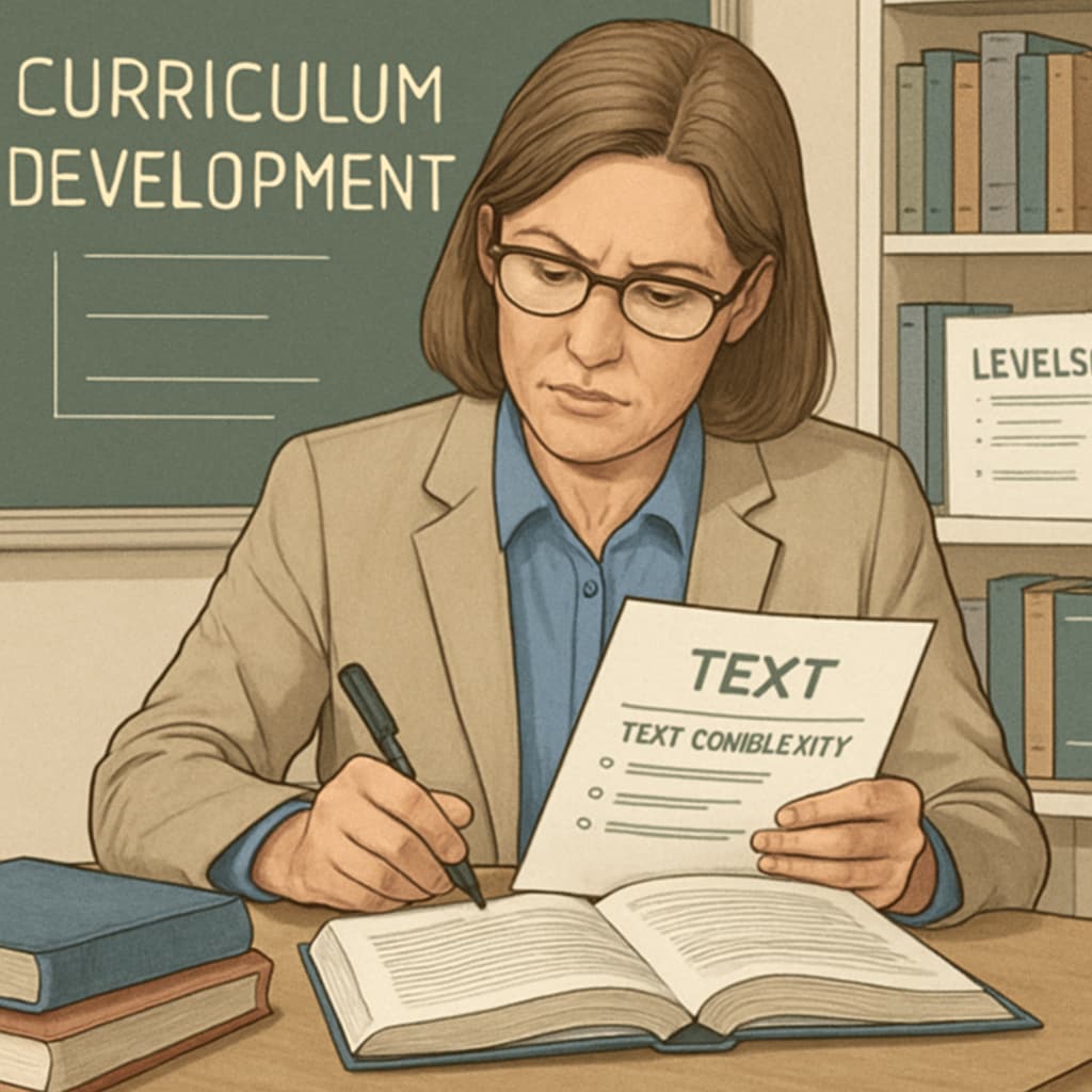 A detailed view of a teacher analyzing texts for complexity levels, showcasing professional involvement in curriculum development. Teacher reviewing reading texts for complexity during a research study.