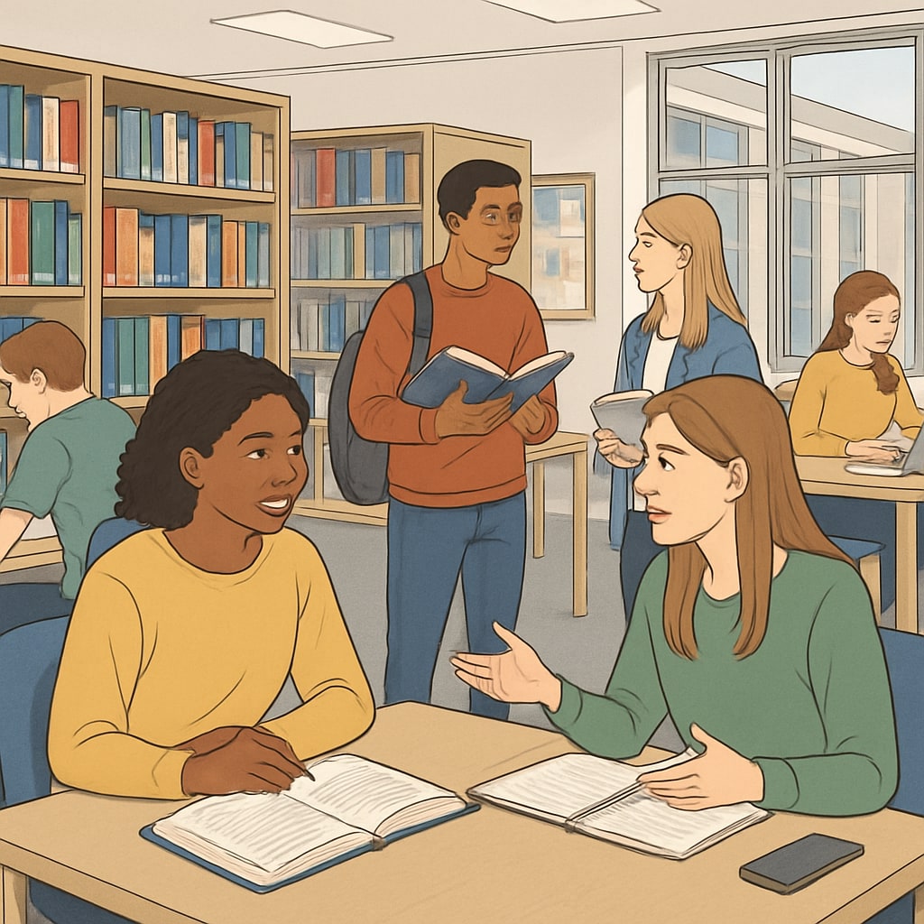 An academic setting with students studying and discussing coursework in a modern UK university library. Students in a UK university library discussing coursework related to master's degree credit requirements.