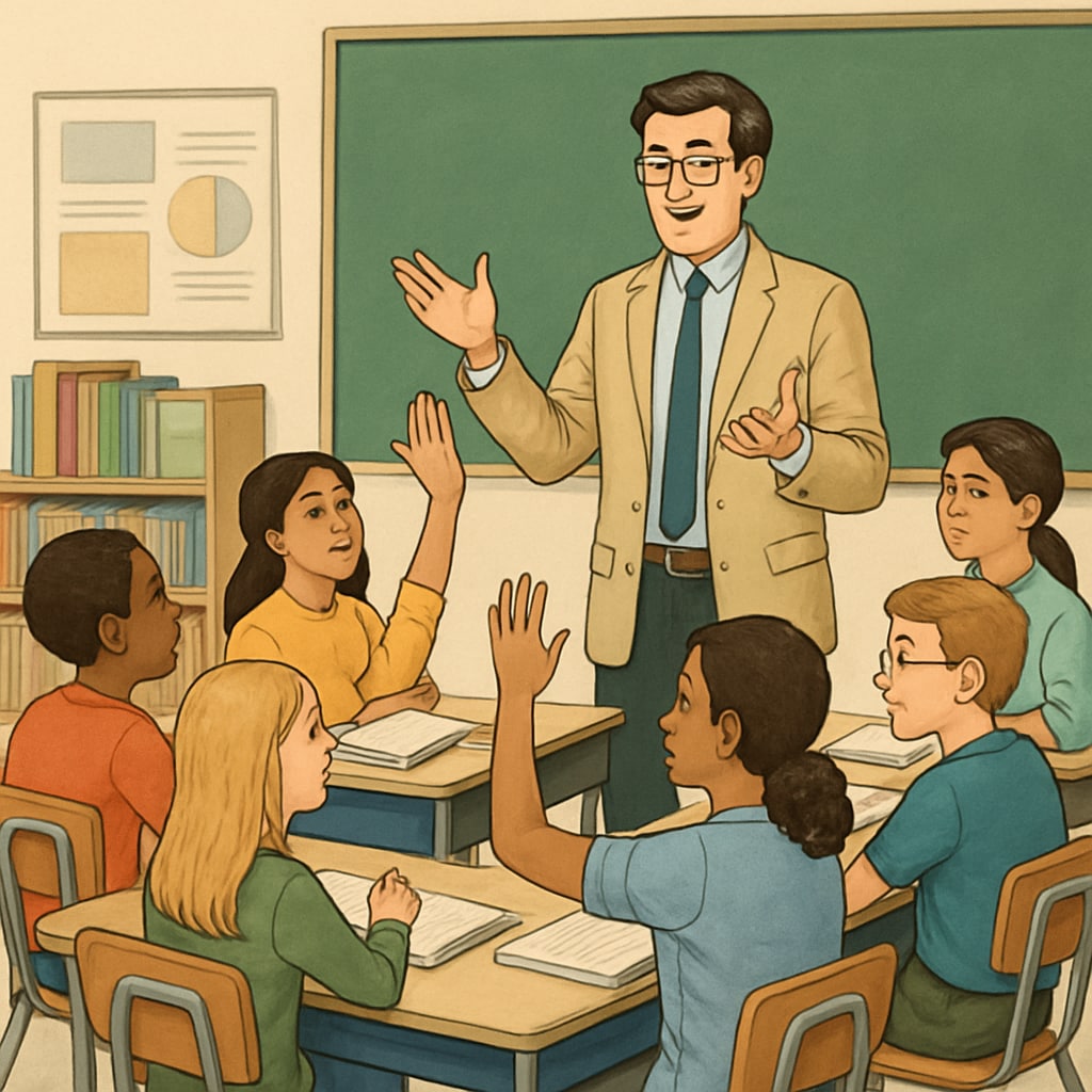 A classroom scene with diverse students and a teacher engaging in discussion, symbolizing the importance of educational neutrality. Classroom with students and teacher discussing educational topics, representing neutrality.