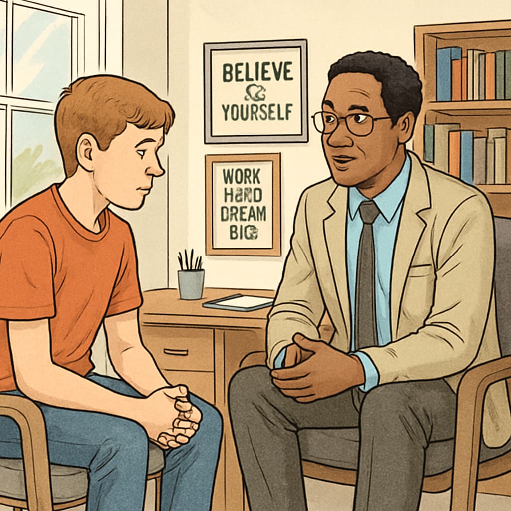 Counselor mentoring a teenager to address academic struggles and motivation challenges.