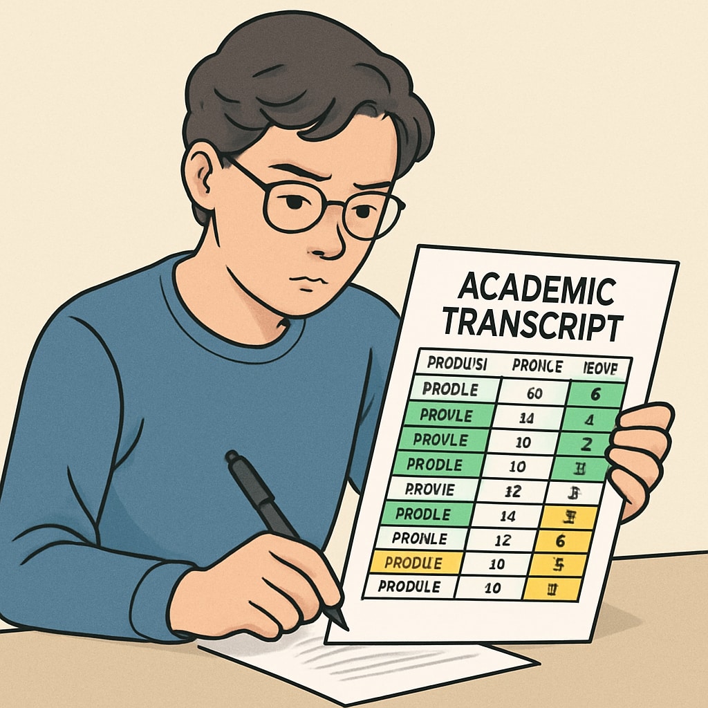 A close-up of a student reviewing their academic transcript, with highlighted sections showing completed and pending modules. A student reviewing their transcript for credit completion and pending modules in a UK master's program.