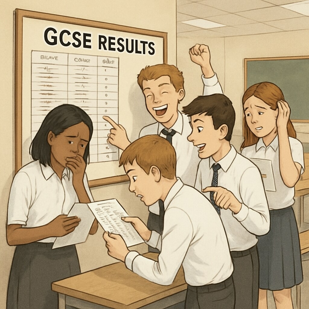 Students reacting to their GCSE results with mixed emotions.
