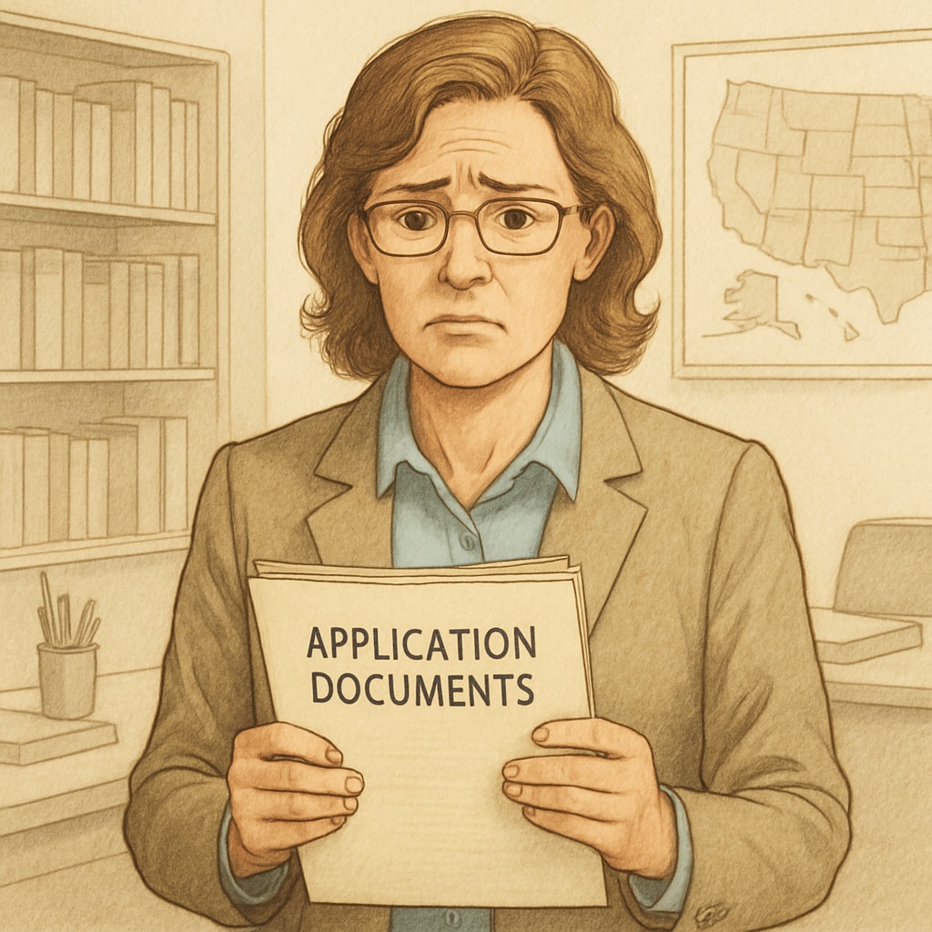 A teacher holding application documents, visibly concerned about rigorous political screening requirements. Teacher holding documents, reflecting concern over Oklahoma's political screening policy.