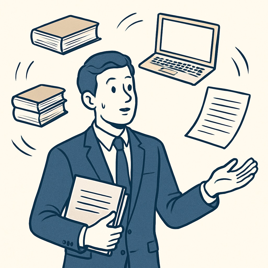 A professional juggling books, a laptop, and work documents, symbolizing the struggle of balancing work, study, and personal life. A professional balancing books, a laptop, and work-related items to depict work-life-study challenges.