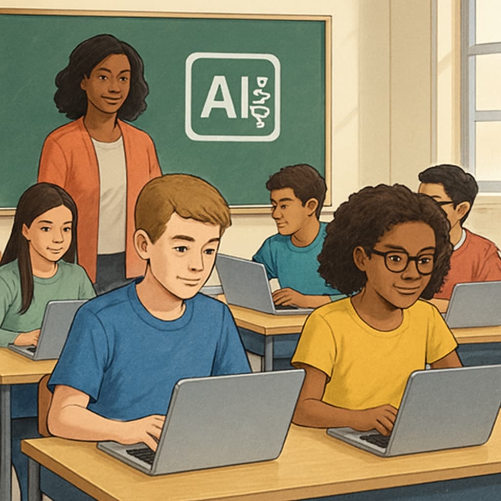 A classroom with students using laptops, symbolizing AI integration in education. Students in a classroom using laptops, with AI tools in education.
