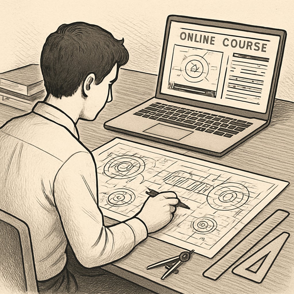 A student reviewing mechanical engineering blueprints while accessing an online course. Dual-degree student studying mechanical engineering and online course materials.