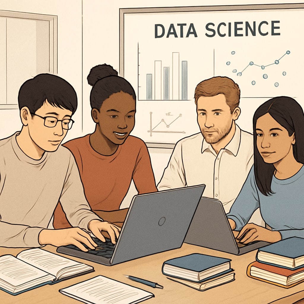 A group of international students studying data science concepts on laptops in a collaborative environment. International students collaborating on data science projects.