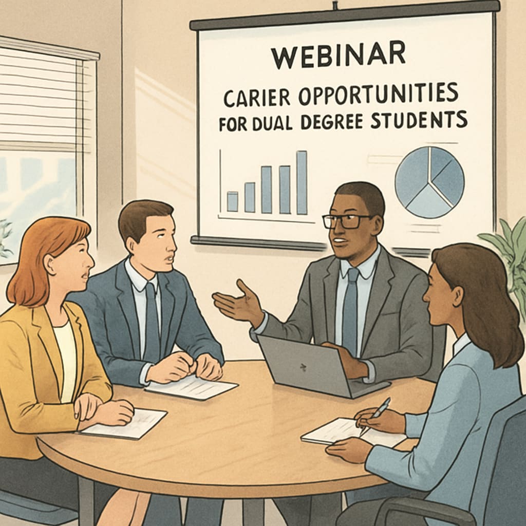 A webinar session featuring professionals discussing career opportunities for dual-degree students. Virtual networking event for engineering students pursuing dual degrees.