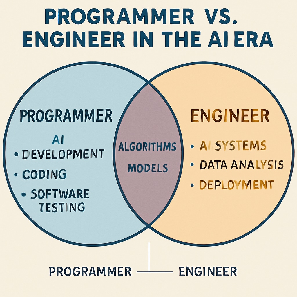 A comparison chart illustrating the responsibilities of programmers and engineers in the context of artificial intelligence. The chart highlights their distinct yet overlapping roles in the AI era. A chart comparing the roles of programmers and engineers in AI.