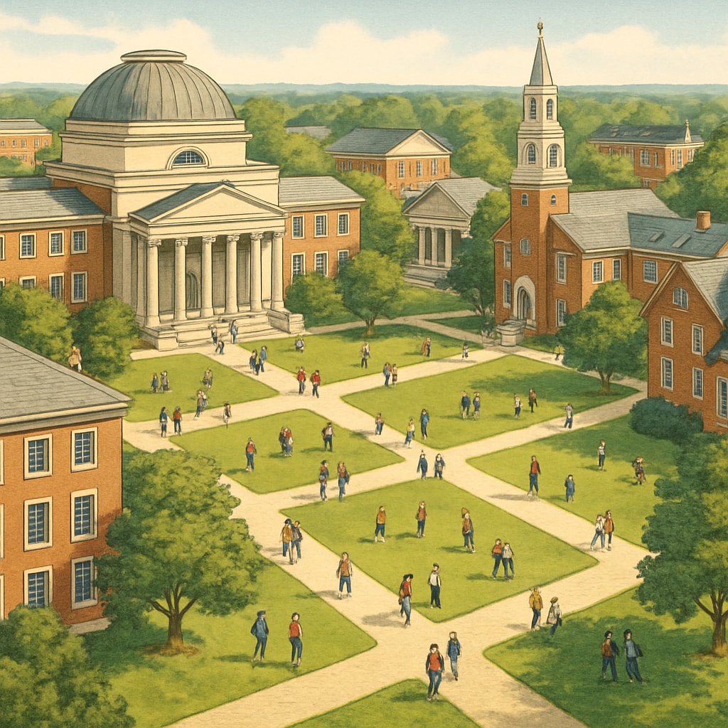 Aerial view of a prestigious U.S. university campus with students walking across the quad. Prestigious U.S. university campus related to data science programs.