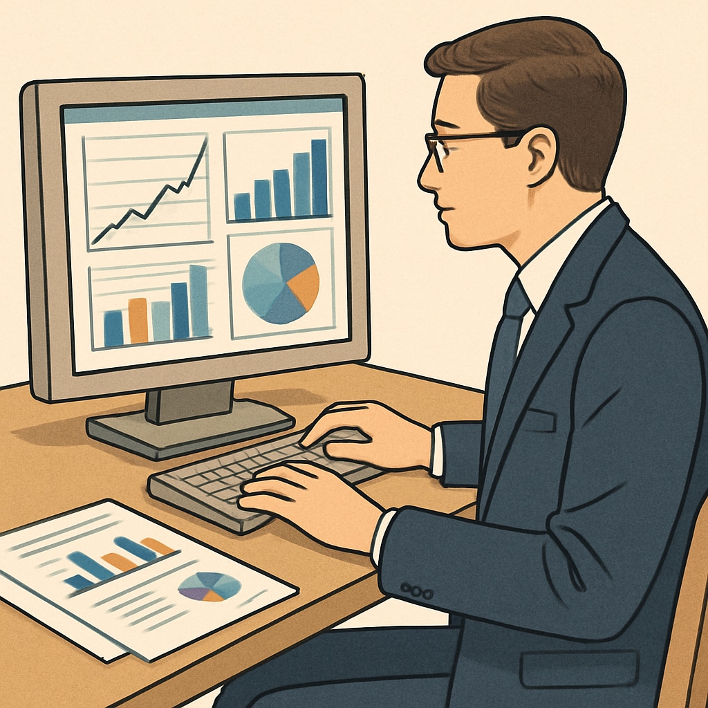 A professional analyzing data on a computer screen with financial charts and graphs displayed. Business Analytics and Finance hybrid expertise in action
