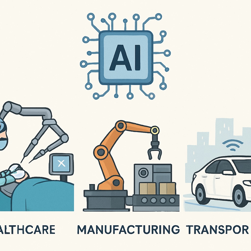 A futuristic image showing AI integration in industries like healthcare, manufacturing, and transportation, demonstrating its transformative potential. AI transforming industries such as healthcare, manufacturing, and transportation.