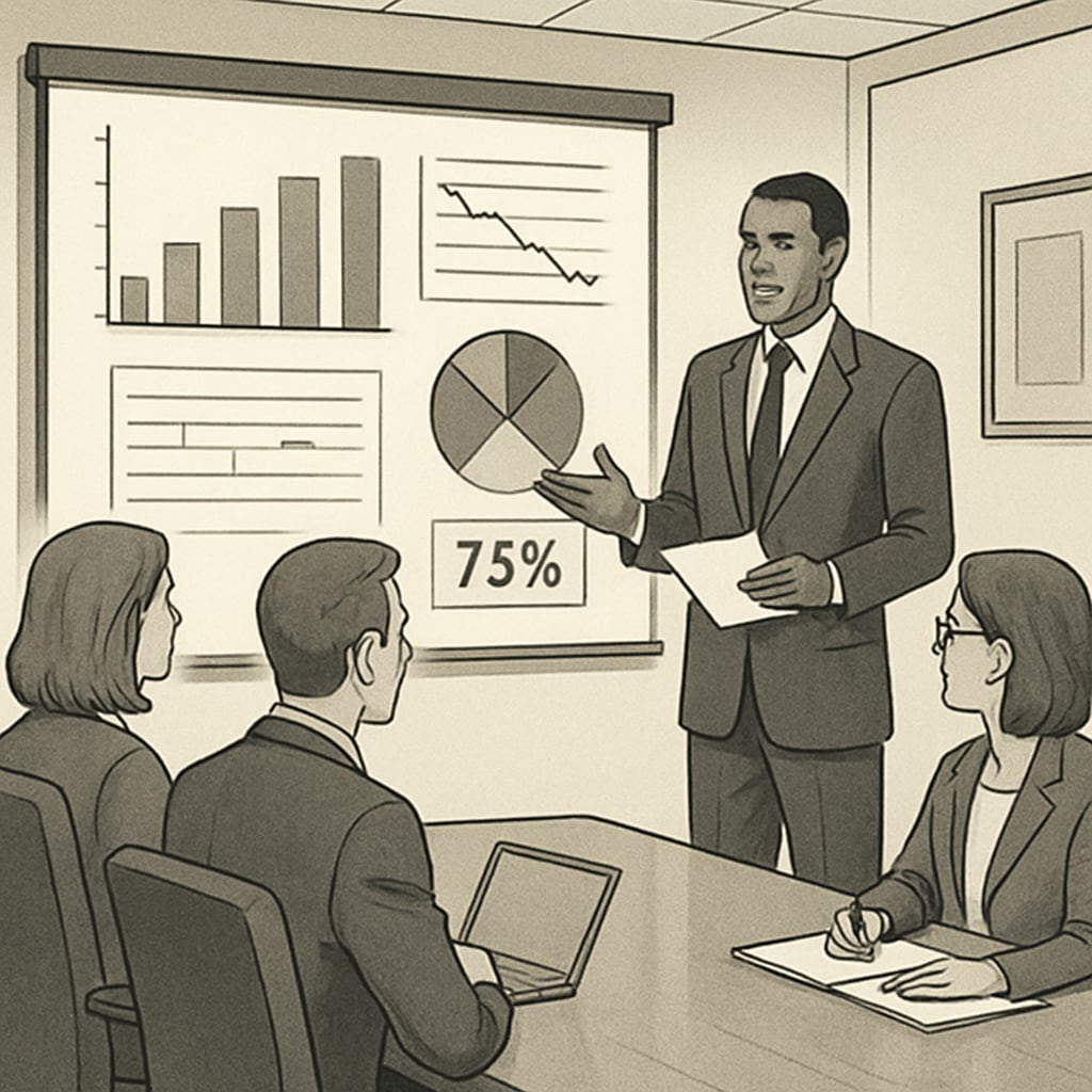 A corporate executive presenting data-driven insights in a boardroom setting. Leadership roles for professionals with Business Analytics and Finance expertise