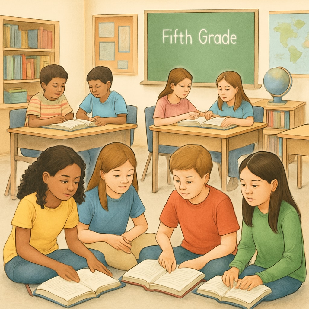 Fifth-grade students participating in group reading activities to enhance comprehension.