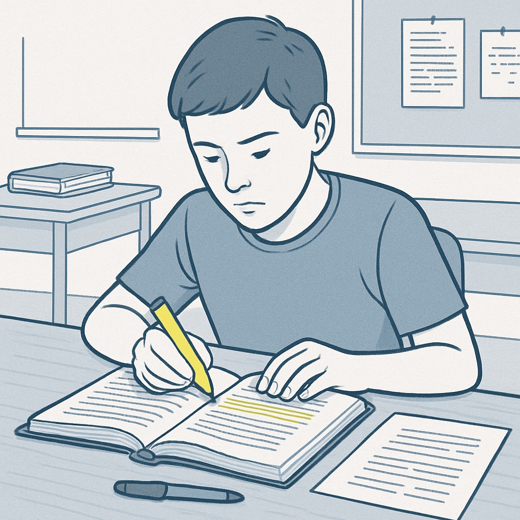 A student studying a passage with a highlighter, representing the challenge of identifying text purpose in Functional Skills English exams. Student using a highlighter to identify text purpose in Functional Skills English exam.
