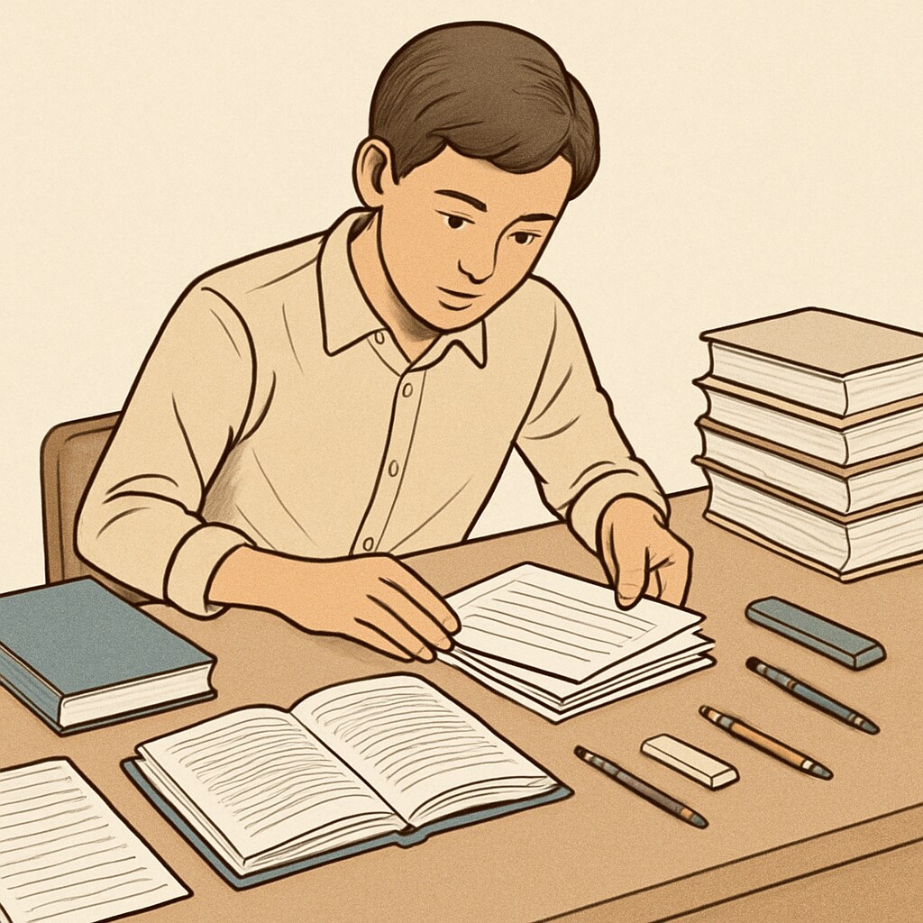 A focused student organizing study materials on a desk, symbolizing effective exam preparation. Exam preparation strategies for managing failed physics exams.