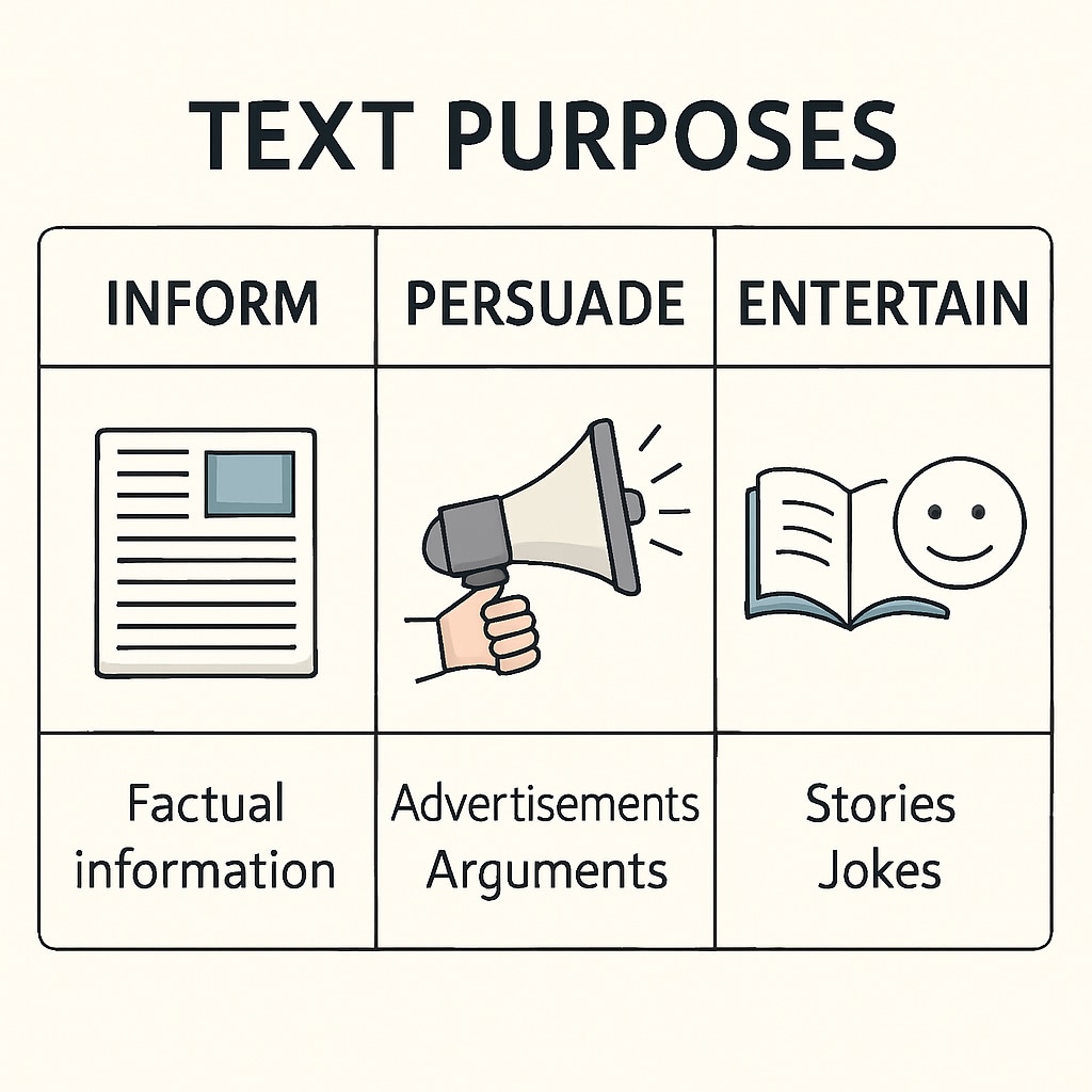 A diagram illustrating the three main text purposes—inform, persuade, entertain—with examples under each category. Diagram showing the three main text purposes: inform, persuade, entertain.
