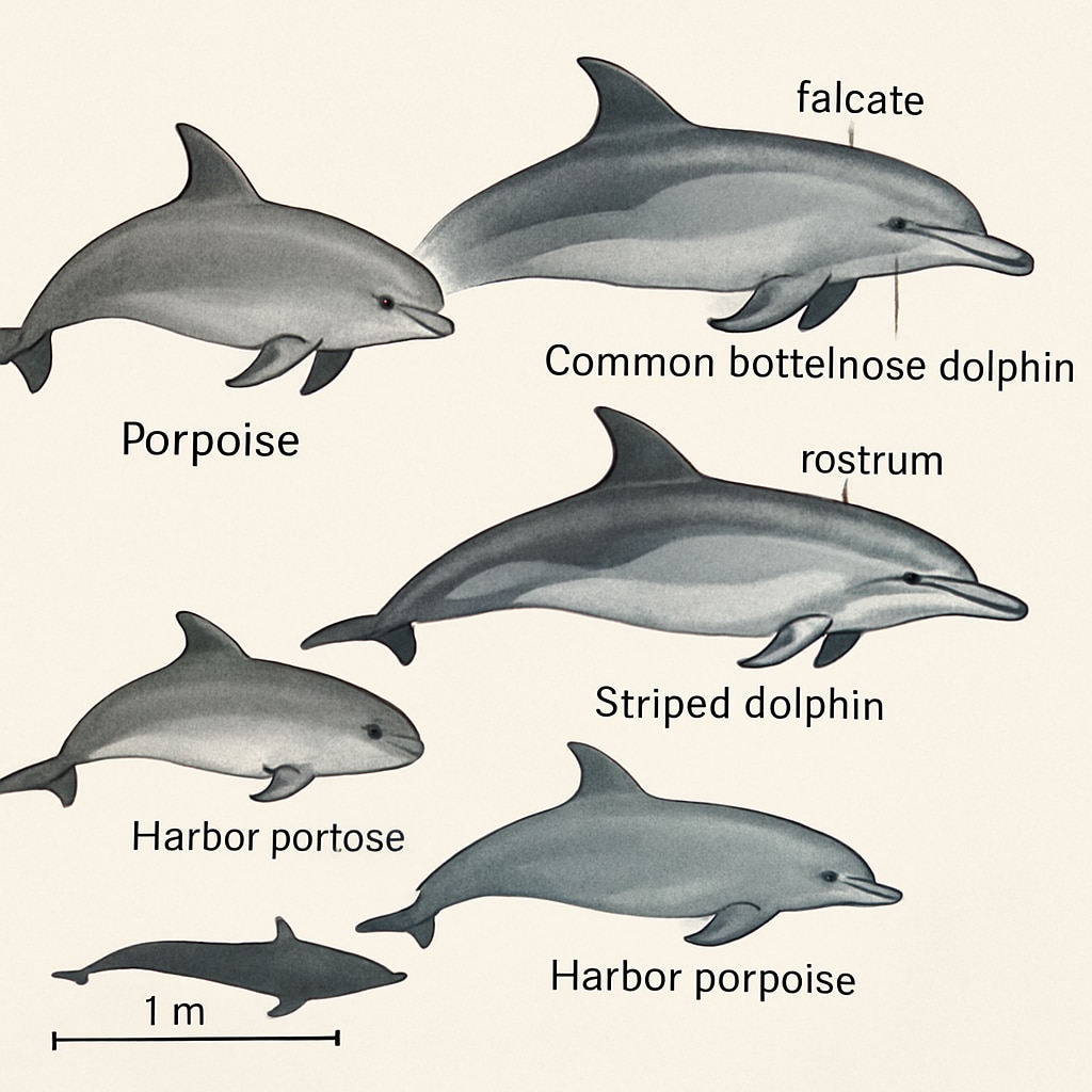 A detailed illustration showing the anatomical differences between Porpoises and other dolphin species, including dorsal fin shapes and size comparisons. Porpoises and dolphin species comparison infographic.