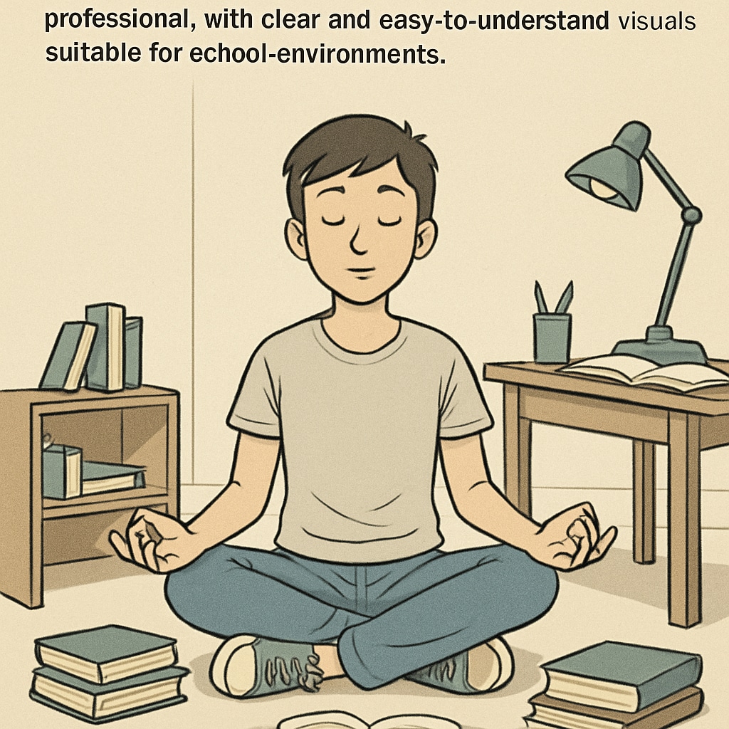 A student meditating in a quiet room, emphasizing the importance of stress management during exam preparation. Stress management techniques for physics exam preparation.