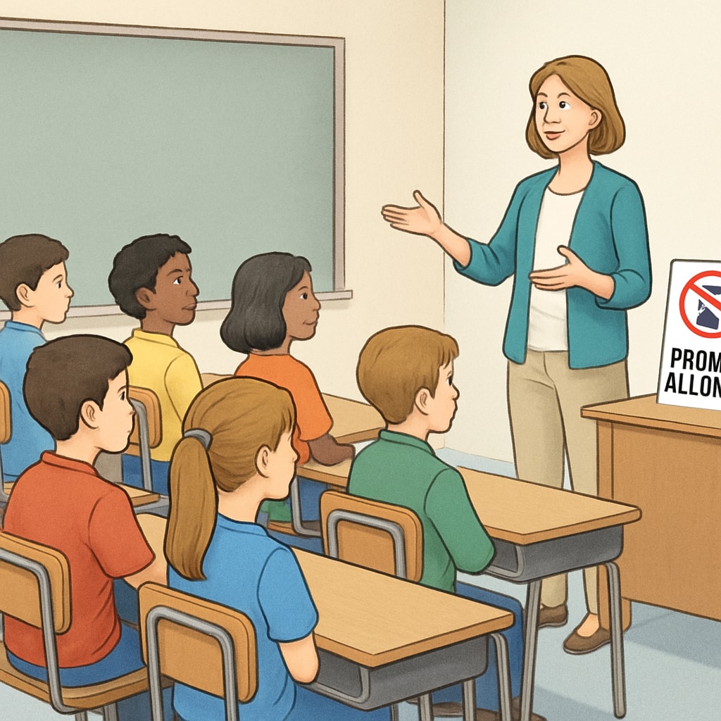 A group of students sitting in a classroom with a sign indicating Students in a classroom with a