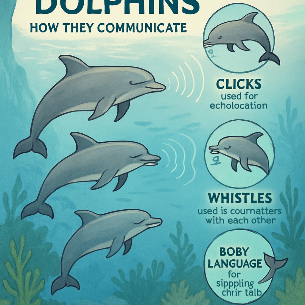 A vibrant photo of dolphins swimming in their natural habitat, accompanied by infographics explaining their communication methods. Dolphins swimming and communicating infographic.