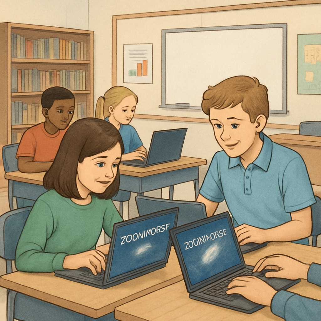 A classroom setting where students are working on laptops, engaged in a Zooniverse project Students in a classroom participating in a Zooniverse citizen science project