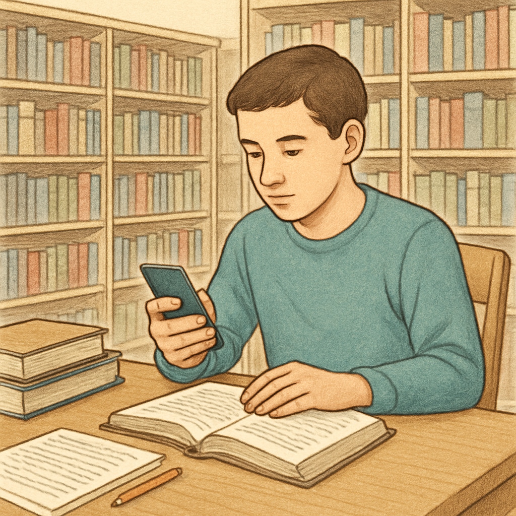 A student using a smartphone for research in a library setting, highlighting its educational utility. Student researching on a smartphone in a library, showing the educational benefits of technology.