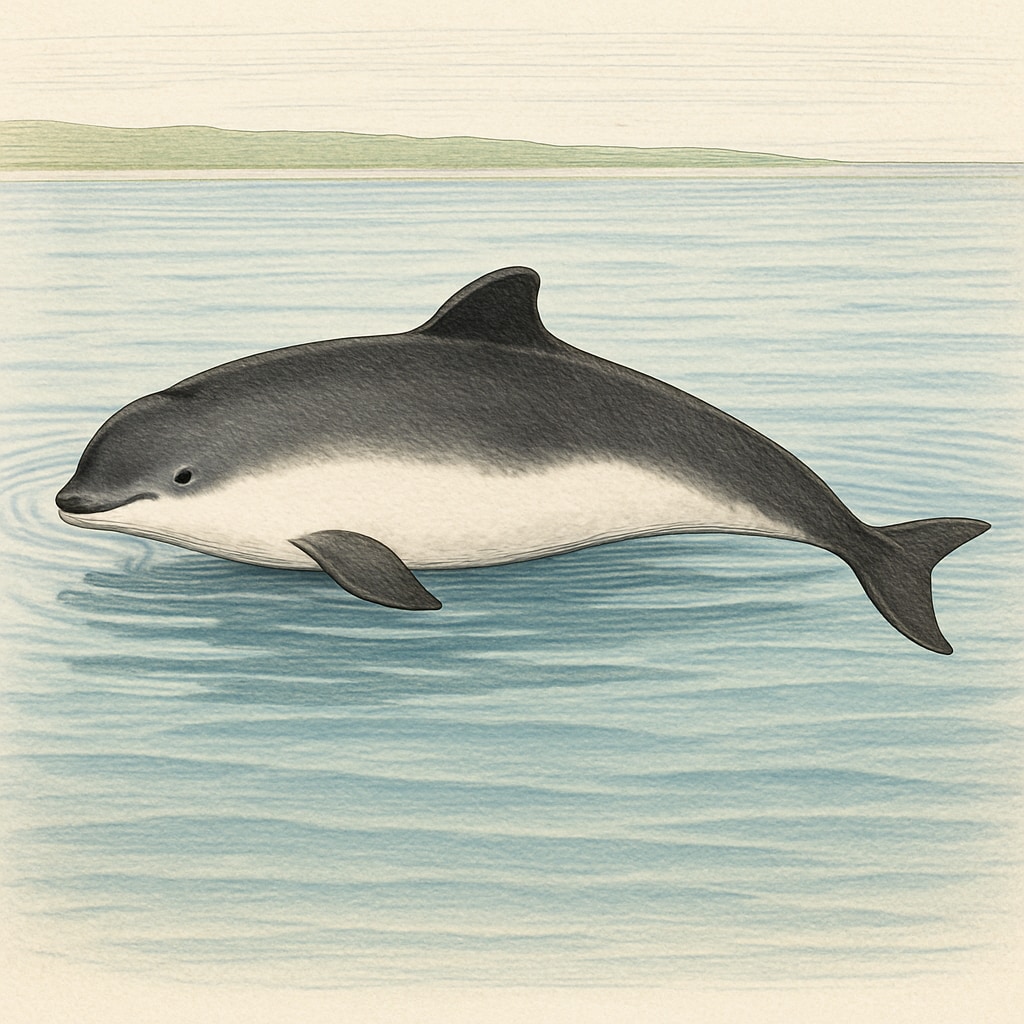 A harbor porpoise swimming near the surface of calm coastal waters, highlighting its small size and distinct coloration. Harbor porpoise, a small marine mammal, swimming in coastal waters.