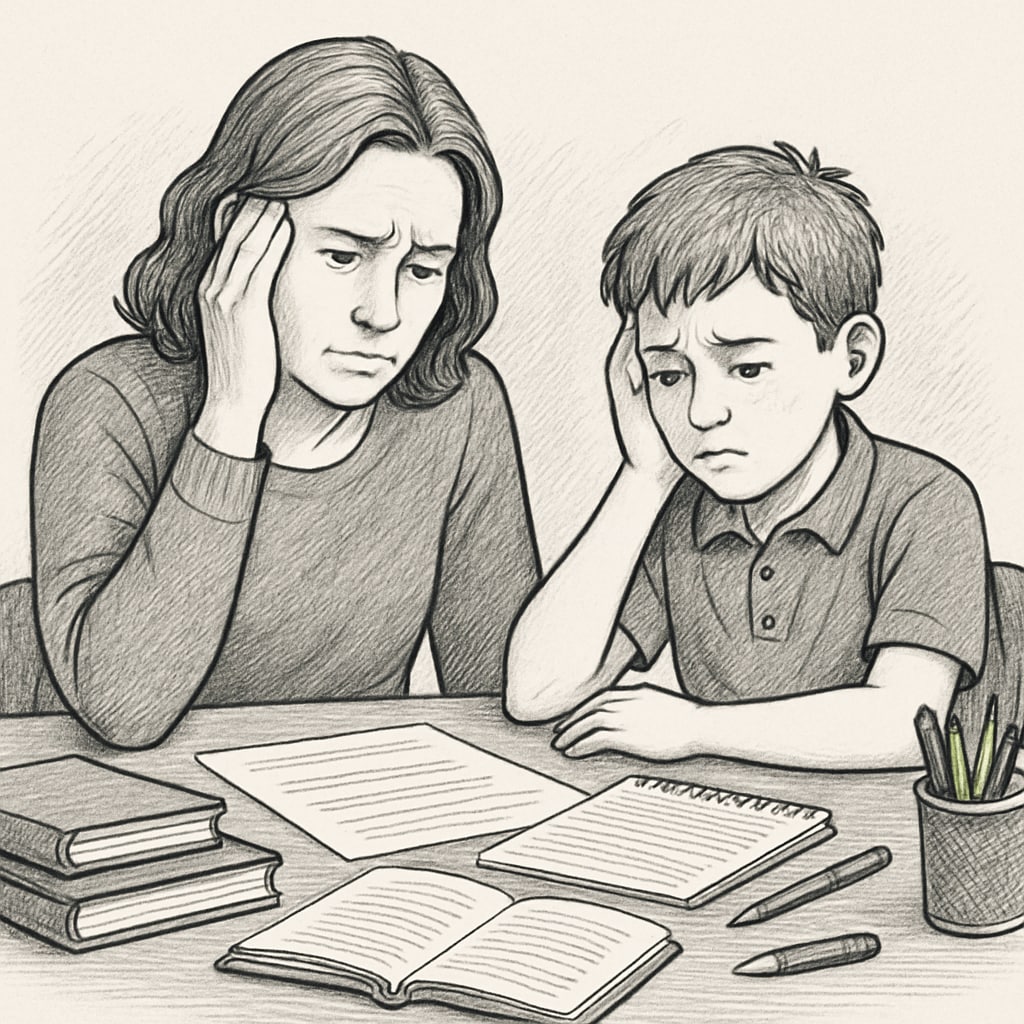 A frustrated parent and child sitting at a desk, symbolizing the emotional toll and challenges associated with SEN school transfers in the UK. SEN school transfers delays represented by a parent and child navigating paperwork.