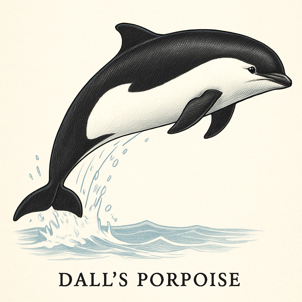 A Dall's porpoise leaping out of the water, showcasing its unique black-and-white coloration and streamlined body. Dall's porpoise jumping out of the ocean, displaying its distinct black-and-white pattern.