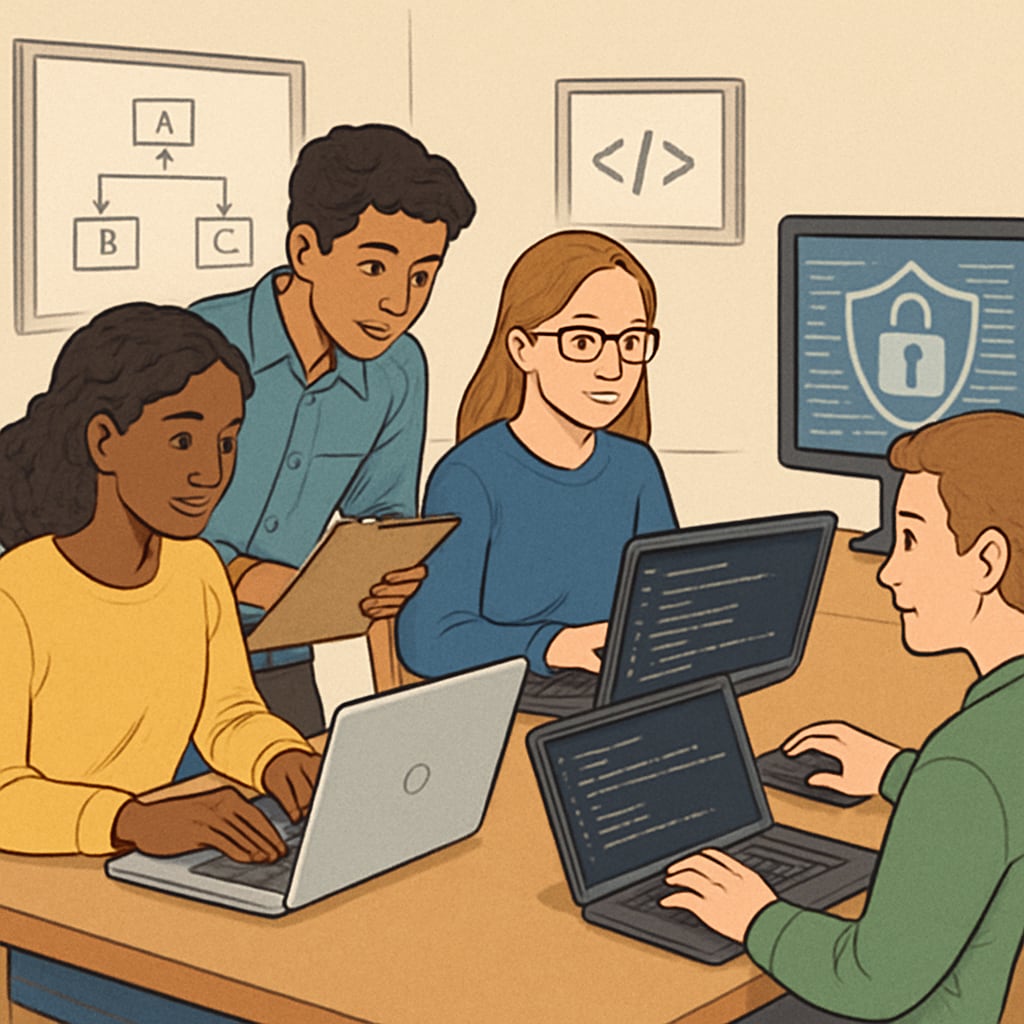 A diverse group of students collaborating on IT projects, representing various fields like software development and cybersecurity. IT career planning, university freshmen collaborating on projects