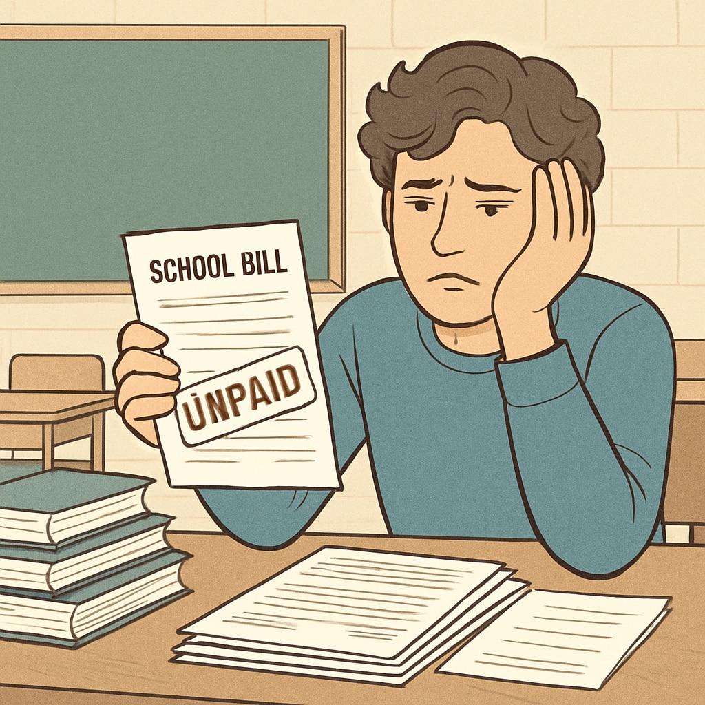 A student looks frustrated while holding an unpaid school bill, symbolizing the challenge of accessing academic transcripts due to outstanding balances. Student holding unpaid bill, emphasizing academic records and outstanding balances.