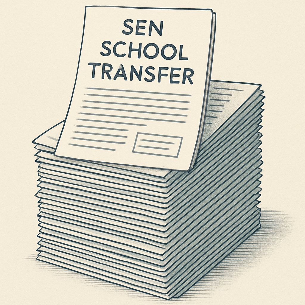 A stack of documents symbolizing the bureaucratic workload in SEN school transfers, highlighting the administrative challenges faced by families and local authorities. Administrative paperwork representing delays in SEN school transfers.