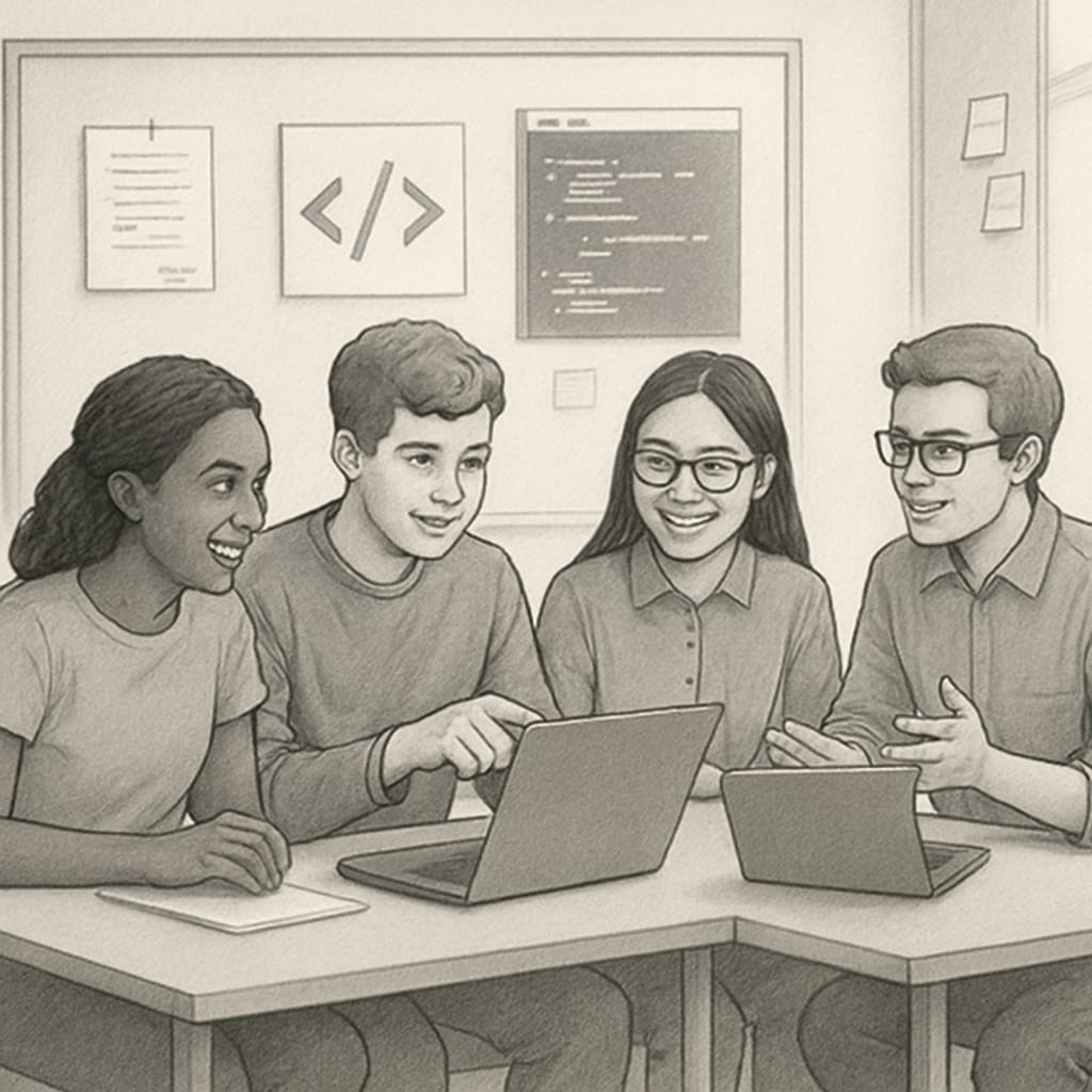 Students attending a university coding workshop, engaging with laptops and collaborative exercises. IT career planning, university coding workshop for freshmen