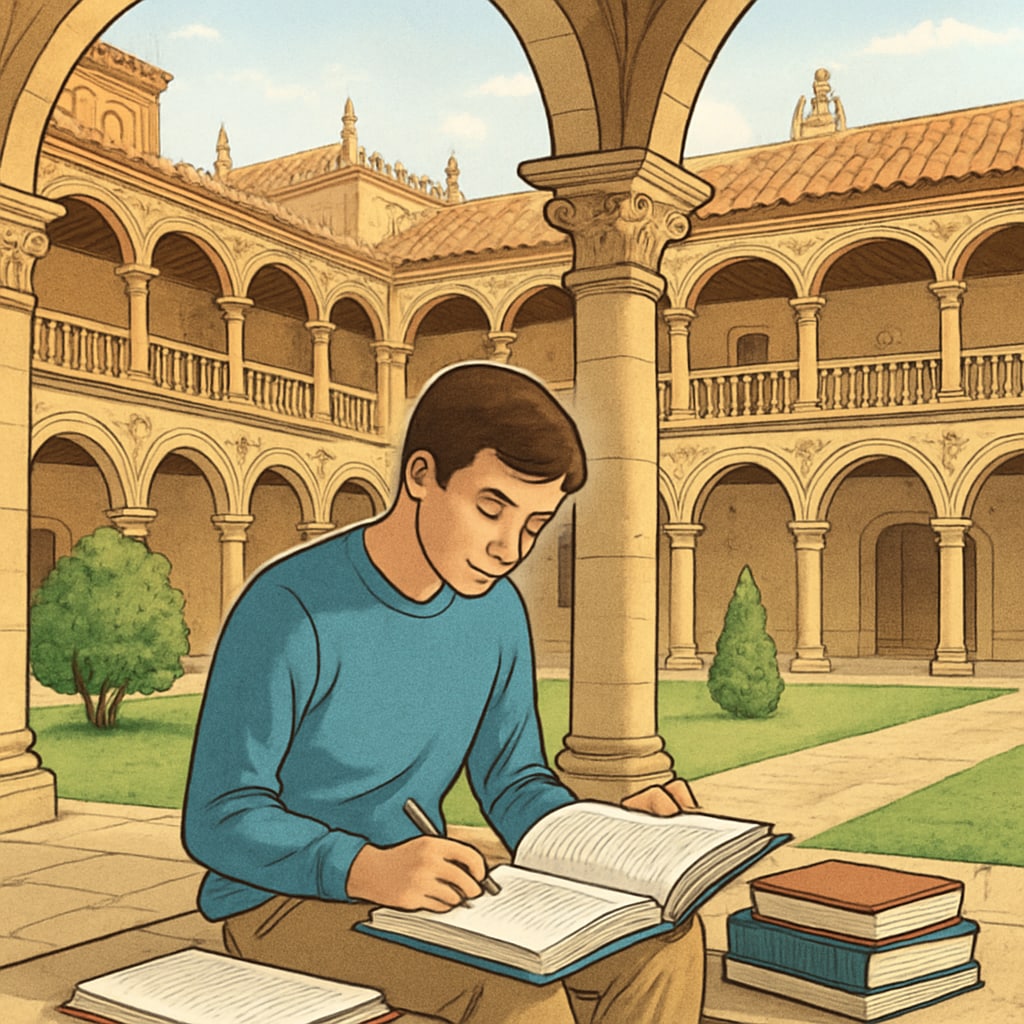 A student studying in a Spanish university courtyard, surrounded by historic architecture. Student studying at a Spanish university, representing master's education opportunities.