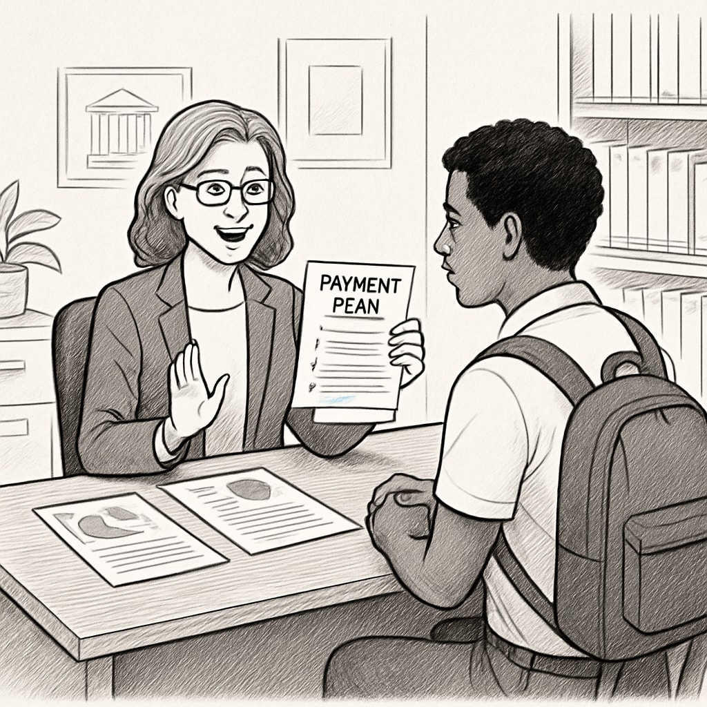 An educational institution representative discusses payment plan options with a student, highlighting collaborative solutions for resolving financial challenges. School representative discussing payment plans with student.