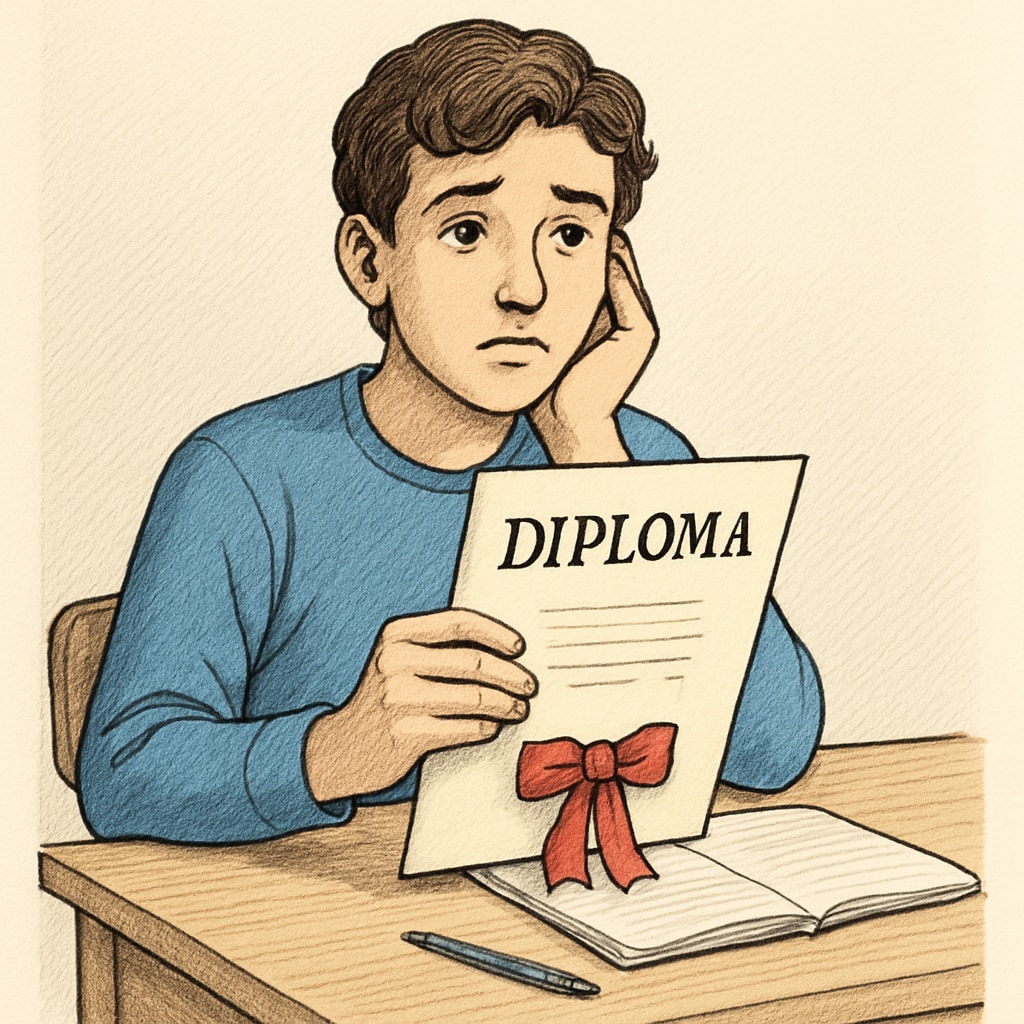 A student sitting at a desk, looking contemplative while holding a diploma, symbolizing the emotional weight of revised diplomas. Student holding revised diploma with a look of regret or contemplation.