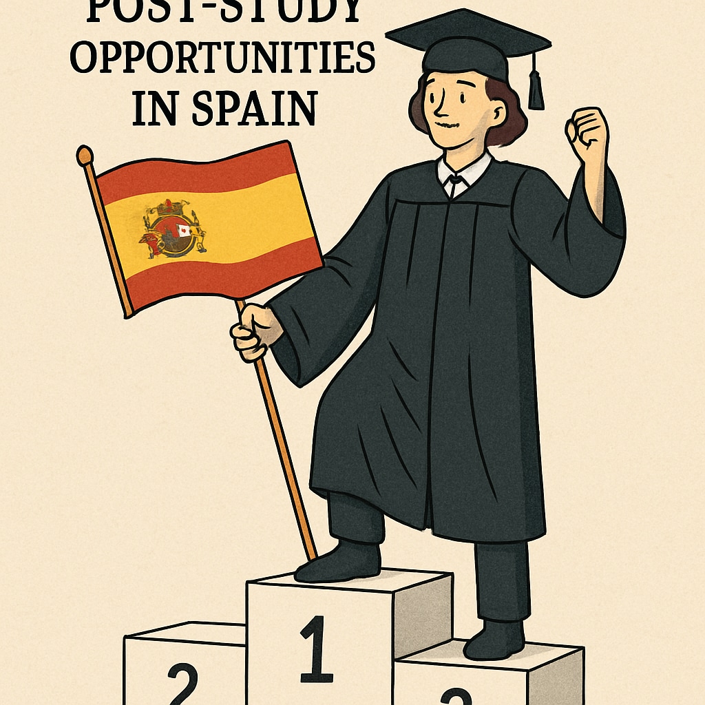 A graduate holding a Spanish flag, symbolizing post-study work opportunities in Spain. Graduate celebrating with a Spanish flag, highlighting immigration pathways after study.
