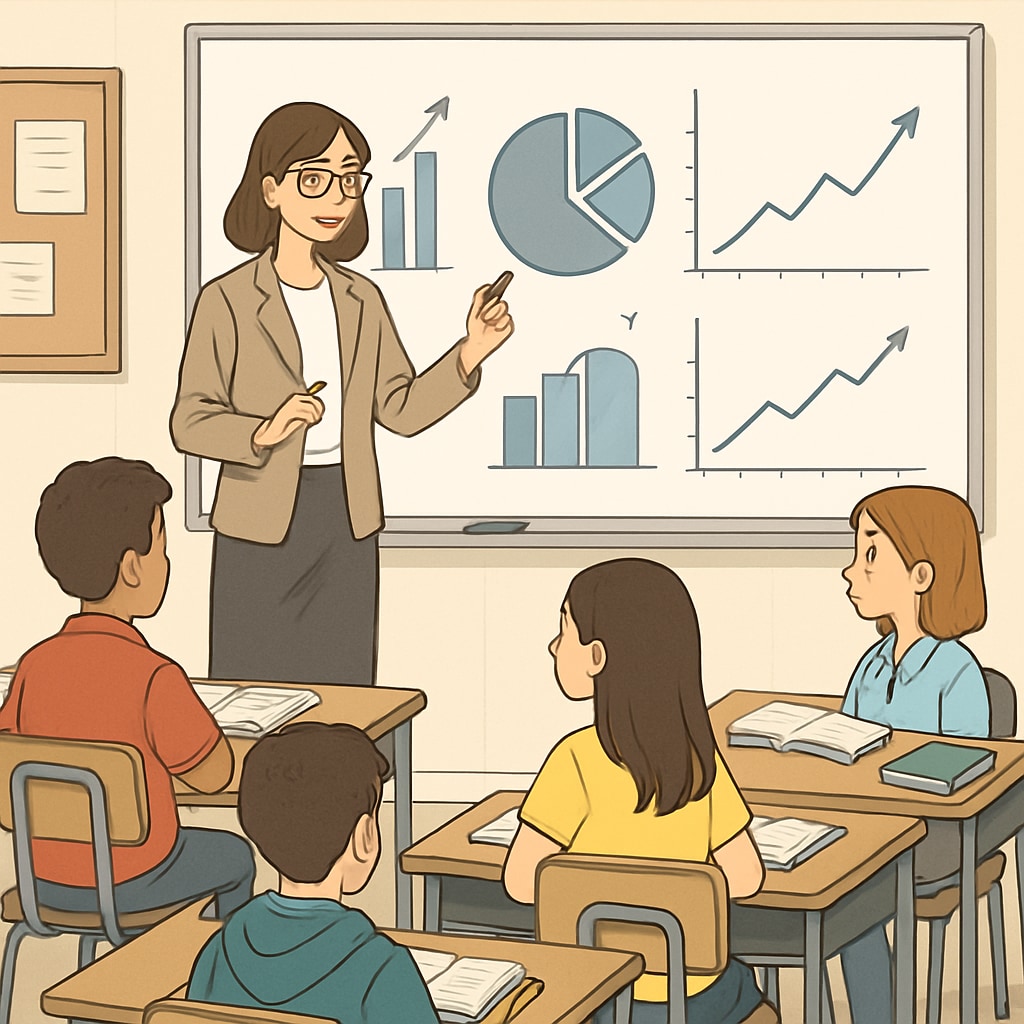 A teacher explaining data patterns and financial concepts to a group of middle school students in a classroom setting. A classroom scene with a teacher discussing business analytics and finance concepts with students.