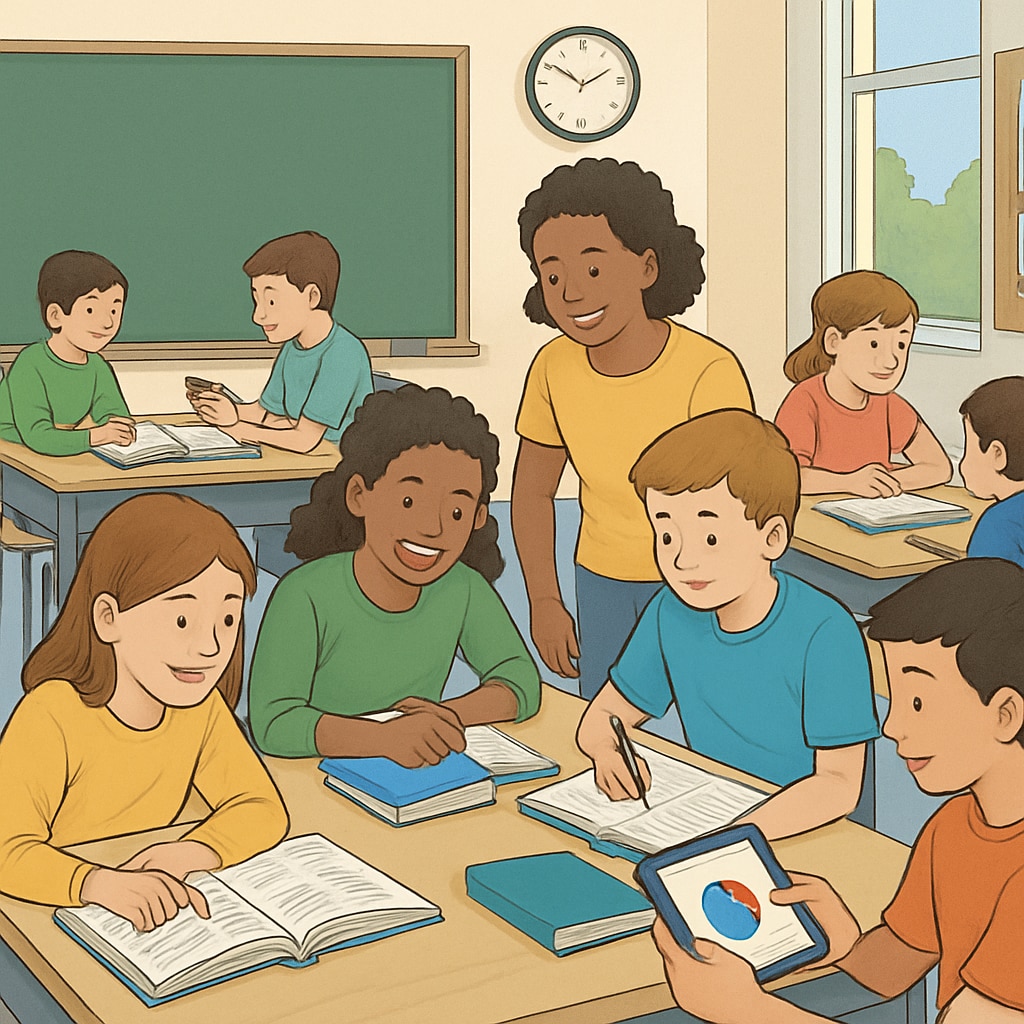 A classroom environment with students engaged in collaborative learning activities, illustrating the concept of active learning. Students participating in collaborative learning activities, related to research, learning methods, survey.