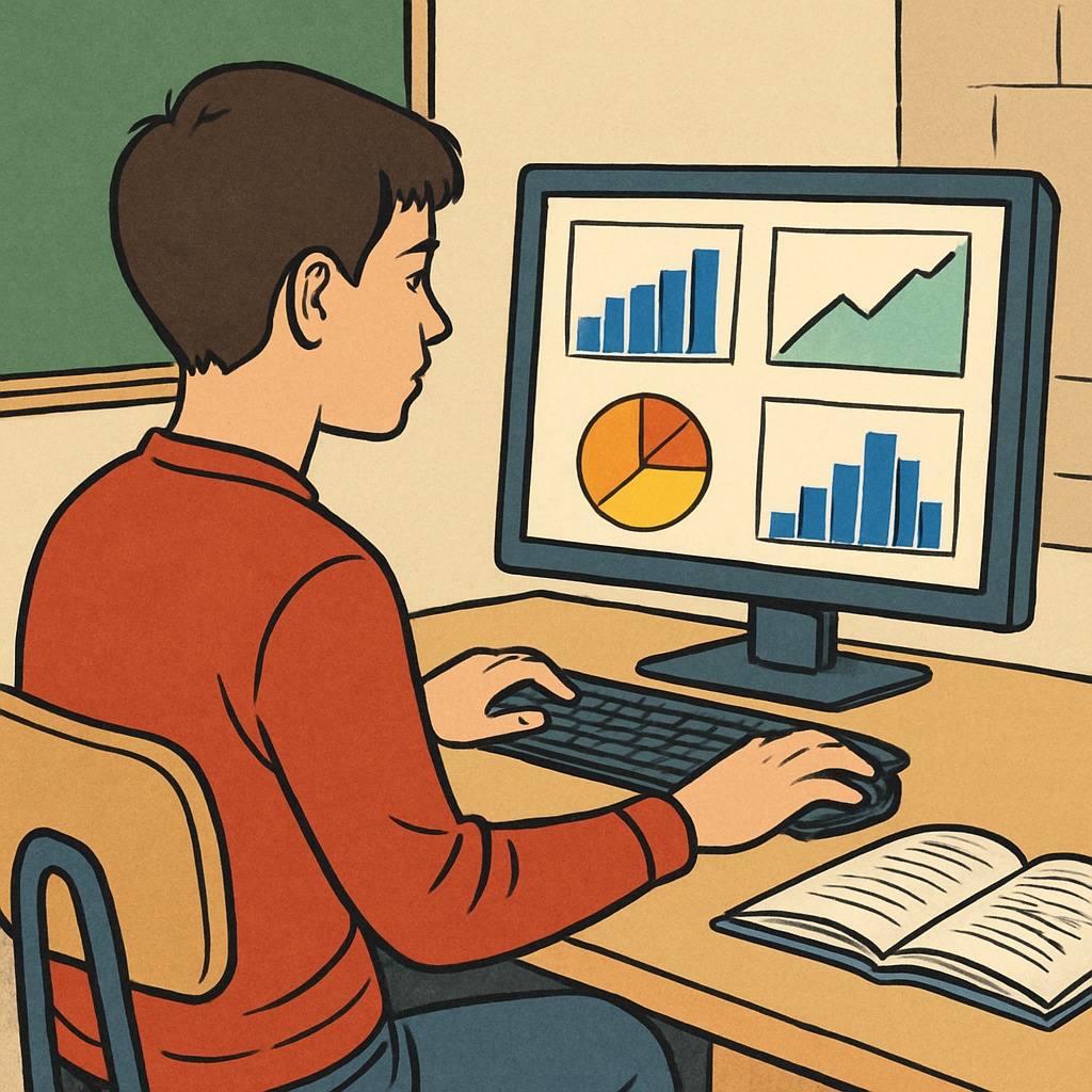 A high school student analyzing data charts on a computer during a coding and finance workshop. A student working on business analytics and finance tasks during a workshop.