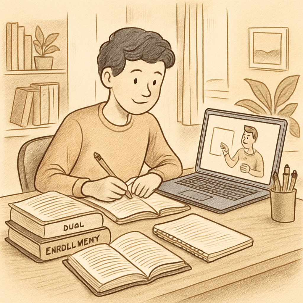 A student studying online at home with educational materials, representing the flexibility of dual enrollment. An image of a student engaging in online learning as part of the Khan World School and ASU dual enrollment program.